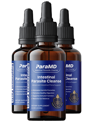 Three ParaMD Parasite Cleanse drops bottles
